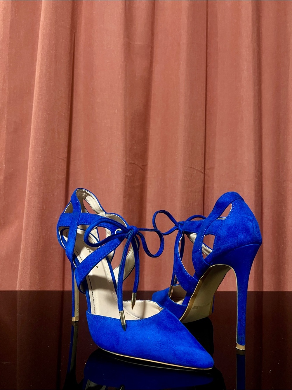 Shoe Republic LA Cobalt Blue Suede Lace-Up Stiletto Pumps